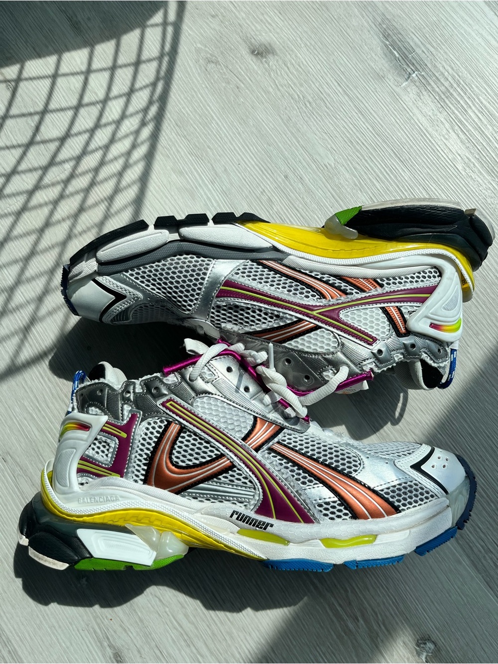Balenciaga Runners White Mesh Sneakers with Copper, Yellow & Purple Accents